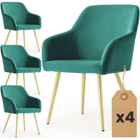 Lot de 4 Chaises en velours lisses ESTELLE Vert Bouteille pieds dorés (1/5)