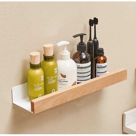 Étagère murale flottante en métal pour salle de bain, étagère murale décorative avec bords en bois massif, antirouille extra forte (40 cm) (1/5)