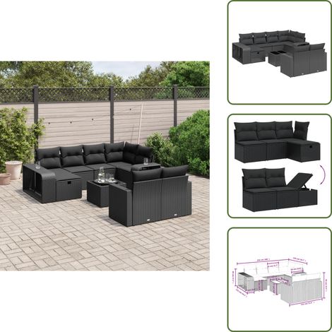 The Living Store 11-tlg. Garten-Sofagarnitur mit Kissen Schwarz Poly Rattan - Gartenmöbel Set - Gartensorte - Outdoor Möbel - Lounge Set - Esstischset (1/5)