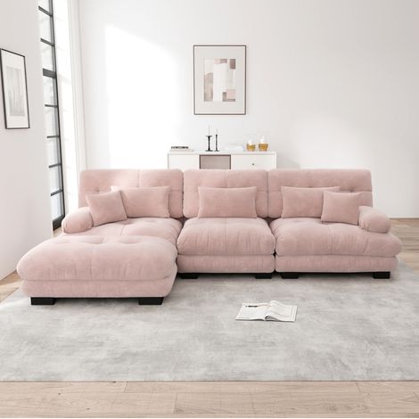 Sofa modular aus Chenille Rosa mit beweglichen Ottomanen, als Ecksofa oder gerade stellbar (1/5)