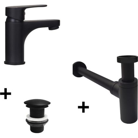Robinet lave-mains noir mat + bonde sans trop plein + siphon (1/5)