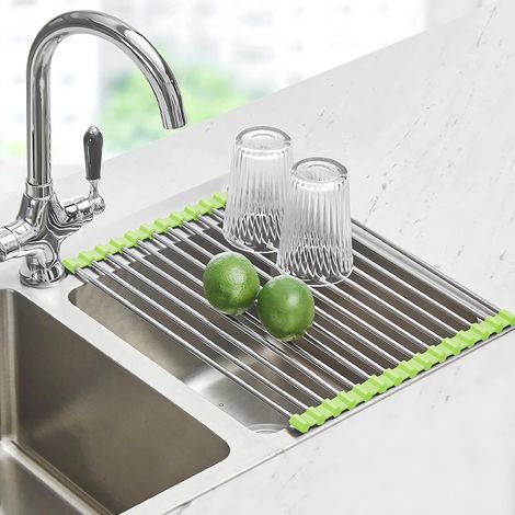 Égouttoir à vaisselle enroulable à poser sur l'évier, tapis égouttoir pliable en acier inoxydable pour une organisation optimale de la cuisine.