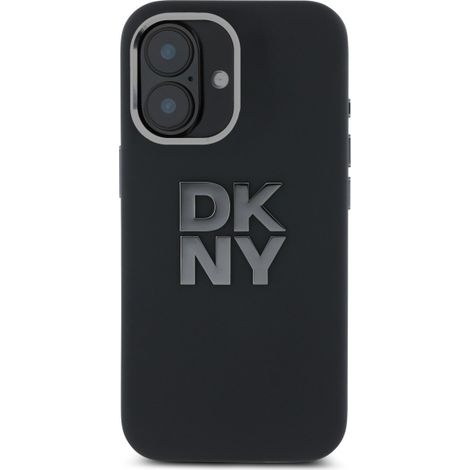Funda para iPhone 16 de DKNY, de silicona líquida con logo metálico, color negro. (1/5)