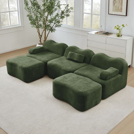 Divano modulare a U 3 posti con 2 pouf, seduta profonda in velluto verde HAVRYA (1/5)