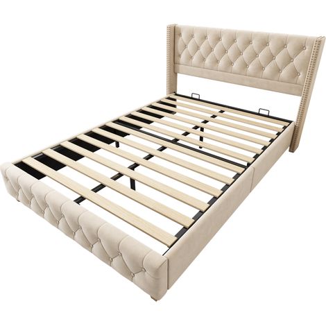 Cama capitoné 160 x 200 cm de terciopelo beige claro con somier de láminas y cabecero (1/5)
