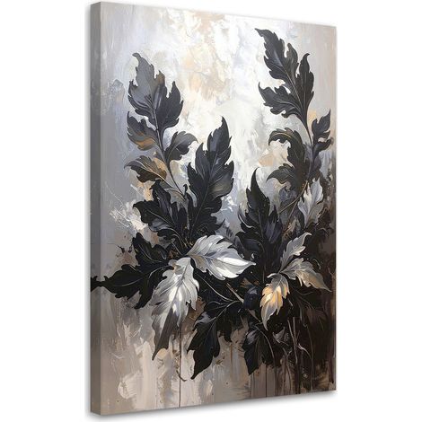 Tableau Moderne, Feuilles d'acanthe et de laurier noires sur fond beige,20x30 (1/4)