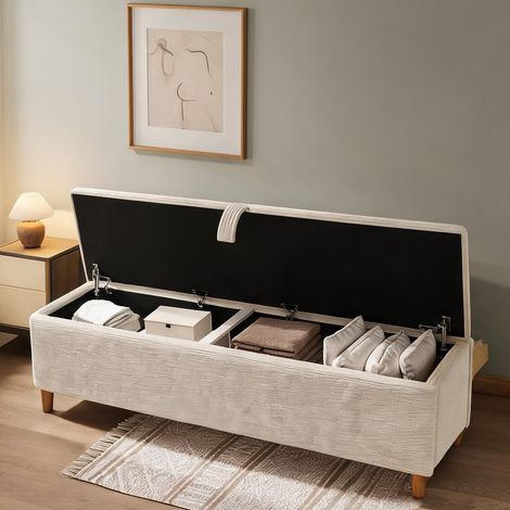 Banc de rangement en velours côtelé beige avec ouverture (1/5)