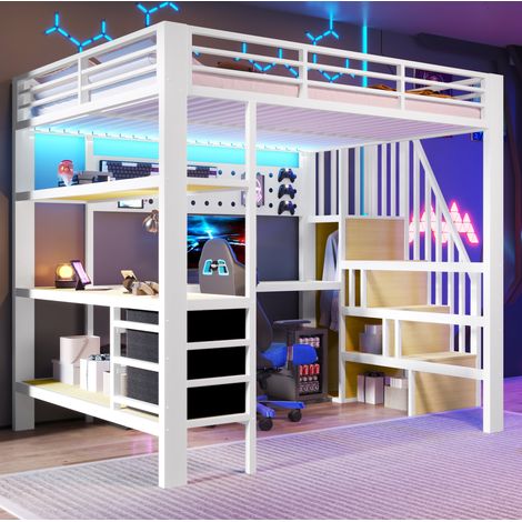 Bett Hochbett 140 200 mit Stauraum Schubladen Weiß HAVRYA (1/5)