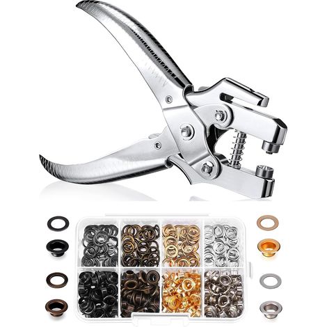 Kit di attrezzi per occhielli da 3/16 di pollice - comprendente pinze per occhielli, perforatrice, pinze manuali per bottoni a pressione, abbigliamento e borse (oro, argento, grigio e bronzo) (1/3)