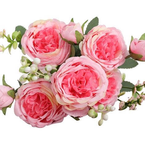 3 Bouquets de 5 Têtes Roses Persanes Artificielles, Bouquet de Mariage à la Main, Décoration Maison Salon, Rose Foncé (1/5)
