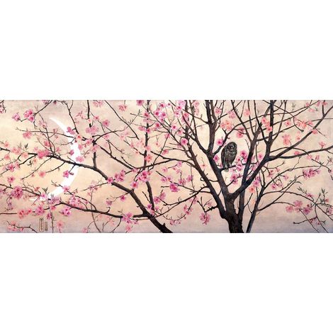 Tableau japonais rose et beige | Tableau sur toile cerisier en fleur et hiboux pour chambre | Tableau printemps fleuri avec oiseau 1,0 x 0,4 m (1/2)