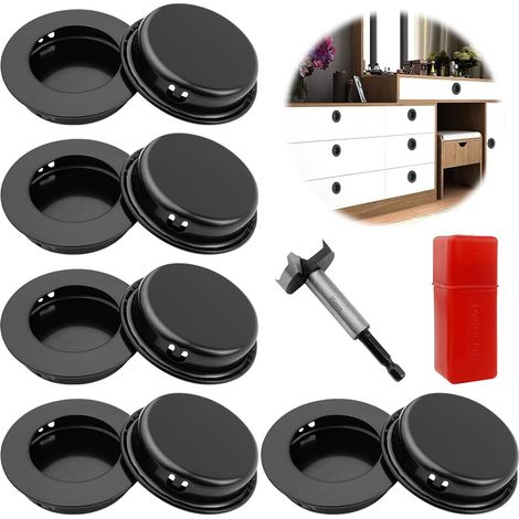 10 Pièces Poignées Rondes Encastrées, Acier inoxydable,avec 1 Foret 35mm Poignée Encastrable Noir Poignée Tiroir Encastrable pour Armoire, Tiroir Portes de Placards (1/5)