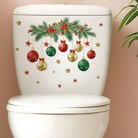 Autocollant Toilette - Feuille De Noël - Boule Suspendue - PVC - Pour Couvercle De Chasse D Eau Ou Mur - 29 X 23 Cm - 1 Pièce (1/5)