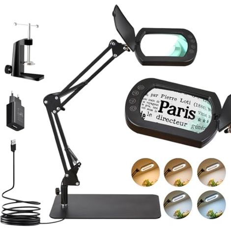 10-fach vergrößernde Stehlampe, 2-in-1 LED-Vergrößerungsleuchte mit Schutzabdeckung, Schreibtischlampe mit 5 Farbmodi zum Lesen, Reparieren, Basteln und für Präzisionsarbeiten