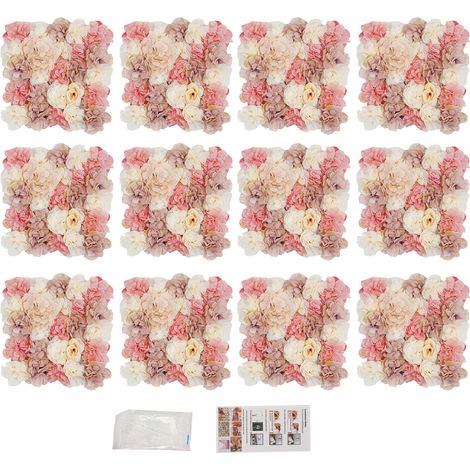 Lot de 12 panneaux muraux de fleurs artificielles avec 100 liens de serrage, roses champagne hortensias dahlias, mur végétal artificiel pour fond photo mariage et féte, décoration intérieure et extéri (1/5)