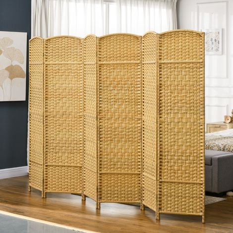 Paravent, cloison pliante en 6 parties, motif tissé, bois de pin, bois naturel (1/4)