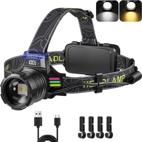 Lampe Frontale LED Ultra Puissante USB-C Rechargeable, 90000LM 4 Modes Lampe Frontale avec Capteur, Batterie 7000mAh Frontale Zoom IPX7 Étanche 90° Réglable pour Camping Pêche Randonnée