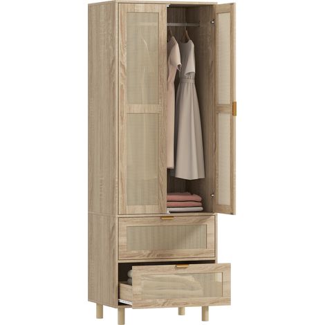 Armoire chambre penderie avec 2 portes en rotin. 2 tiroirs et barre de suspension. 63 x 47 x 185 cm. bois naturel (1/5)