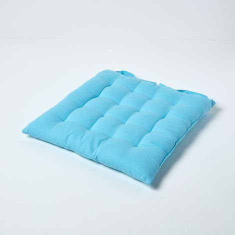 HOMESCAPES Light Blue Plain Seat Pad with Button Straps 100% Cotton 40 x 40 cm