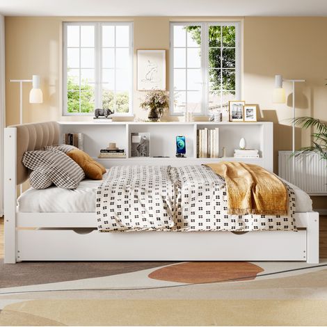 Cama nido tipo daybed 140x200 cm de pino blanco con cama extraíble 90x190, LED regulable, USB y estantería lateral (1/5)
