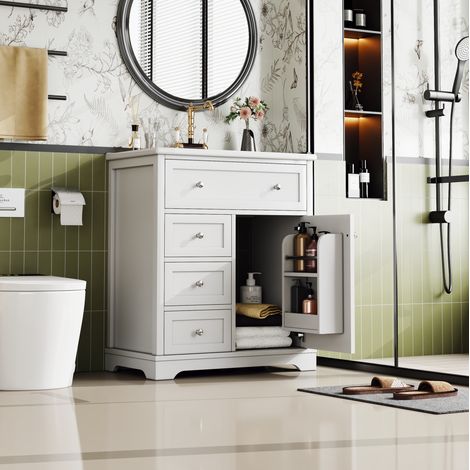 Mueble de baño CHICFURN con lavabo 76x46x87 cm, blanco, MDF y cerámica, 3 cajones (1/5)