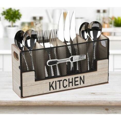 Modèle principal A Porte-couverts en bois 4 compartiments, rangement à couverts pour table, rangement décoratif pour couverts, panier à couverts, porte-ustensiles de cuisine pour fourchettes (1/5)