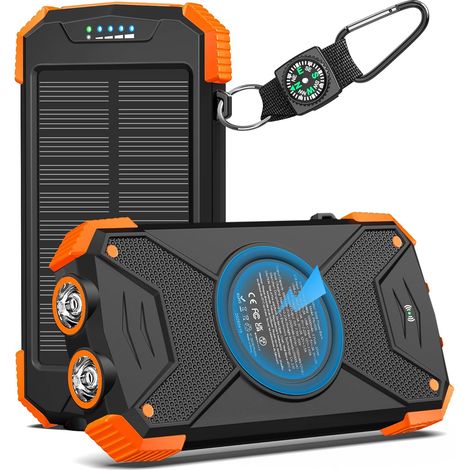 Power Bank Solaire 10000mAh, Batterie Externe à Recharge Rapide de 20W avec Port USB-C pour téléphones Portables, dotée d'une Double Lampe de Poche pour Le Camping, Orange (1/5)