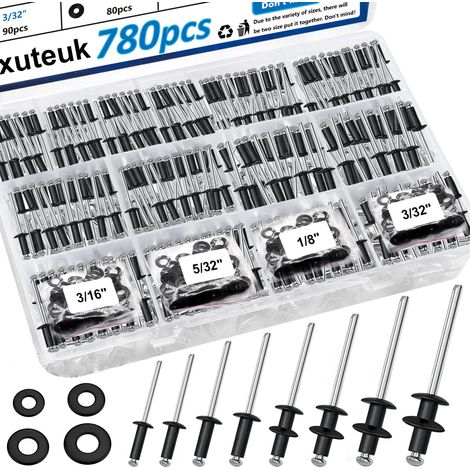 Lot de 780 rivets pop noirs avec rondelle Assortiment de 14 tailles SAE en aluminium (3/32" 1/8" 5/32" 3/16" 1/4") rivets aveugles assortis pour métal, meubles, automobiles (1/5)