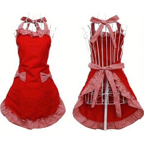 Tablier de style vintage réglable avec poche à nœud à carreaux rouge et blanc, en polyester durable, pour cuisiner, pâtisser, usage culinaire, tenue de pâtisserie, tablier vintage, rouge pur (1/4)