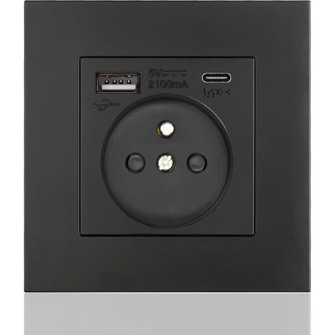 16A USB and Type-C Power Strip – 2 Outlets + 1 USB Port + 1 Type-C Port – Black Square Design – Easy Horizontal/Vertical Installation (1/4)