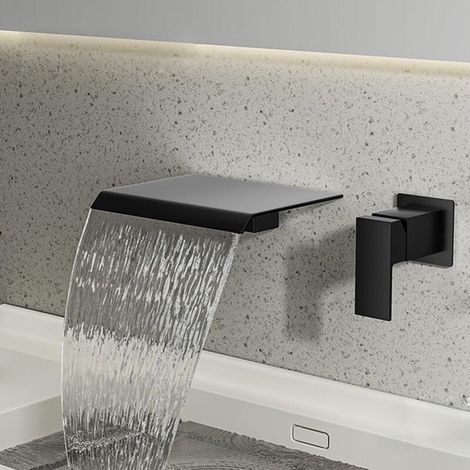 Ecleanfy-Robinet de salle de bain cascade mural, mitigeur monocommande cascade, robinet de lavabo à poser, eau chaude et froide, ultra-mince, cuivre massif, noir