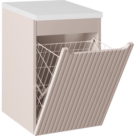 Meuble bas de salle de bain NOVA cachemire avec panier à linge et plan blanc 40 cm (1/3)
