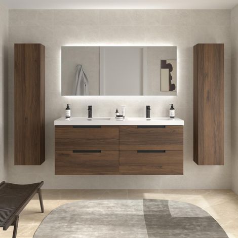Mueble de Baño LENI 140cm Nogal 4 cajones Lavabo Toscana 2 pozas Carga Mineral (1/5)