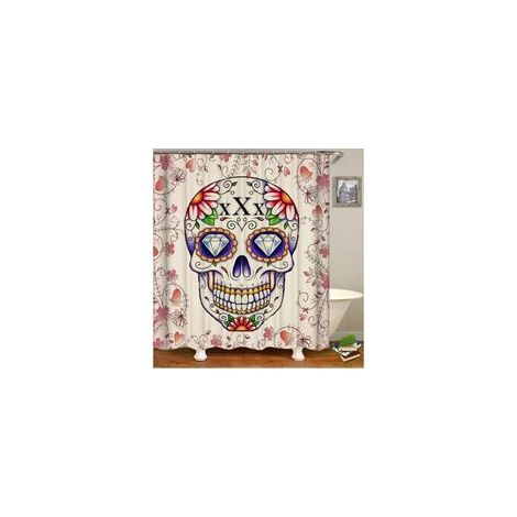 Rideau de Douche 90x180CM 3D Imprimé Anti Moisissure Impermeable Fleur Crâne Tête de Mort pour Baignoire et Salle de Bains