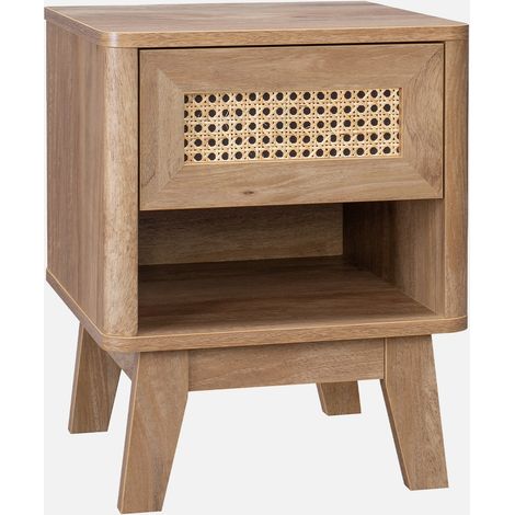 Comodino con cassetto e nicchia, effetto legno e cannage