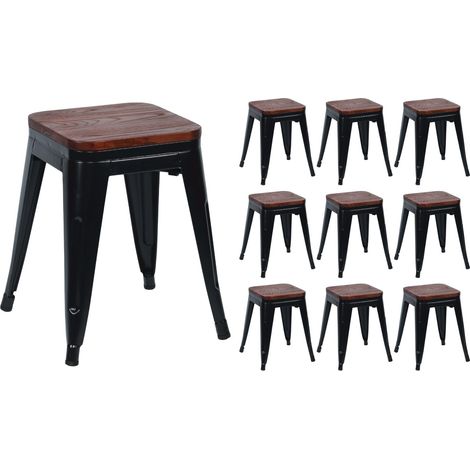 10er-Pack stapelbare, niedrige Industriehocker aus Stahl und Holz, 38 x 38 x 46 cm, Thinia Home