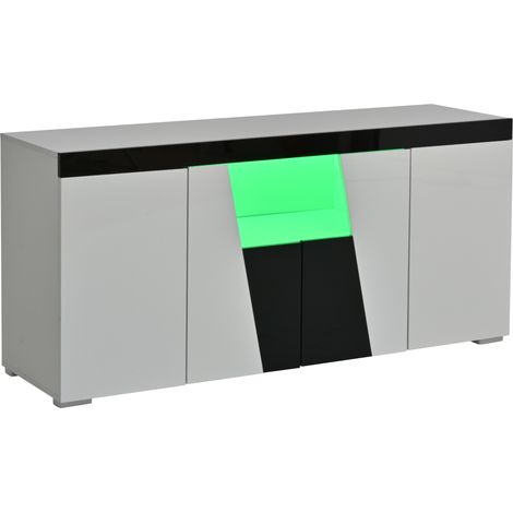 Credenza soggiorno 140 x 40 x 65 cm bianca e nera con 4 ante, LED e design lucido (1/5)