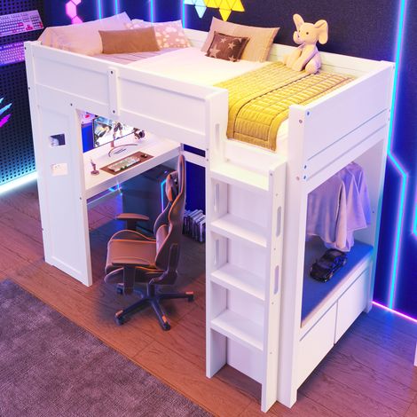 Hochbett 90 x 200 Cm Mit Schreibtisch, LED, USB, Typ-C Und 2 Schubladen, Ohne Matratze, Aus Holz, Weiß