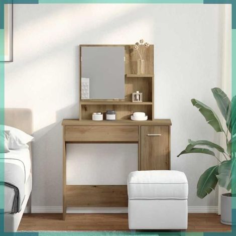 Coiffeuse - 857010 - chêne artisanal - miroir intégré - 86,5x35x136 cm (1/5)