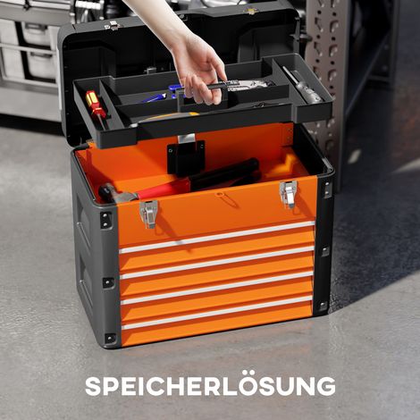 Coffre à outils vide 4 tiroirs 49,7x25,3x40,7 cm en acier orange, mini caisse de rangement