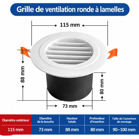 Bouche d'aération ronde ABS modèle à clips à ressort, persienne inclinée 75, fabricant physique établi, qualité garantie, 11,5 × 11,5 × 8 cm, 85 g. – Livraison gratuite