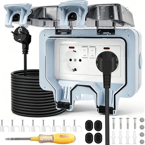 Prise extérieure, étanche IP66 - Double prise extérieure avec câble d'extension de 3M, interrupteur, témoin lumineux, tournevis et clapet, prise murale - Prise de jardin (1/5)