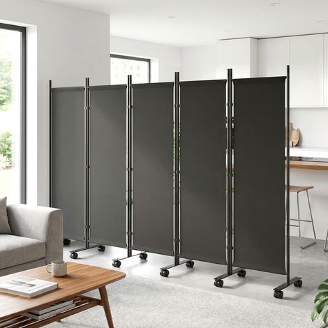 Biombo Plegable de 5 Paneles con 12 Ruedas 252x170 cm Biombo Separador de Ambientes Montaje Personalizado Negro (1/5)