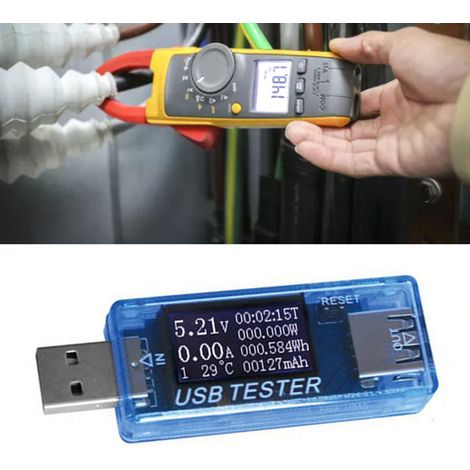 Blaues USB-Testgerät mit Voltmeter, Amperemeter, Anzeige von Kapazität, Leistung (Wh), Zeit, Temperatur und Akkuladung (1/5)