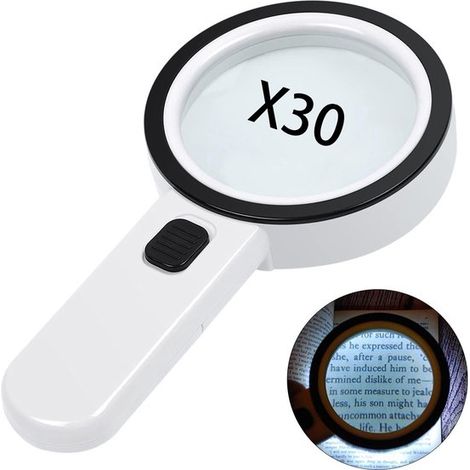 Loupe - Loupe lumineuse - Grande loupe éclairée 30x - Portable - Loupe éclairée par 12 LED - Idéale pour les seniors : lecture, soudure, pièces de monnaie, bijoux, dégénérescence maculaire, exploratio (1/4)