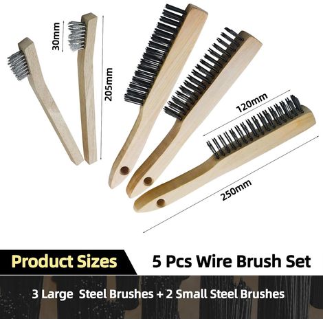 Lot de 5 brosses à fil manuel avec manche en bois, 3 grandes brosses en acier inoxydable de 250 mm, 2 petites brosses en acier inoxydable de 205 mm, brosse en métal pour métal, bois, barbecue