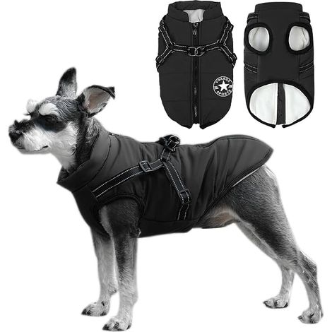 Veste d'hiver pour chien, Manteau pour chien avec harnais,Imperméable, Lavable en machine,Design de bandes réfléchissantes, Anneau en D durable (Noir, S) (1/5)