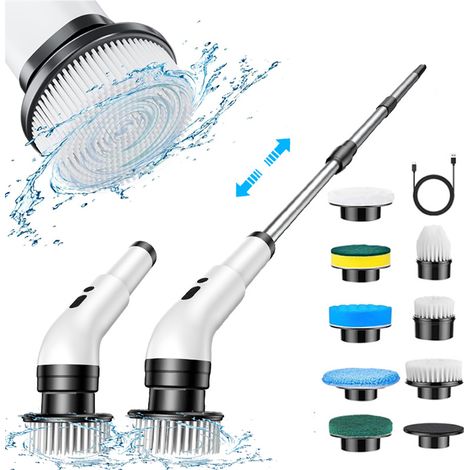Brosse de nettoyage électrique rotative, brosse de nettoyage sans fil avec 8 têtes de brosse remplaçables, brosse daim rotative électrique avec manche réglable de 140 cm, brosse pour salle de bain, cu