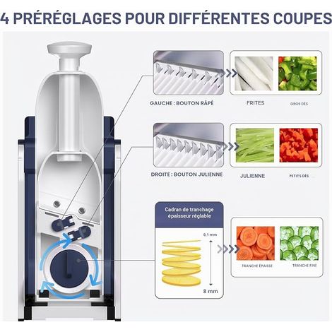 Mandoline de Cuisine Safety Slicer Manuelle Multifonction Tous Coupe Légumes Lame en acier inoxydable, Julienne, Cubes, Fcoupe Patate Frite carotte - bleu (1/4)