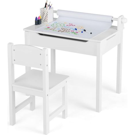 Goplus – Table enfant multifonctionnelle avec rouleau de papier – Bureau d’écriture en bois avec rangement – Chaise ergonomique 3+ ans – Dimensions 60x40x58 cm